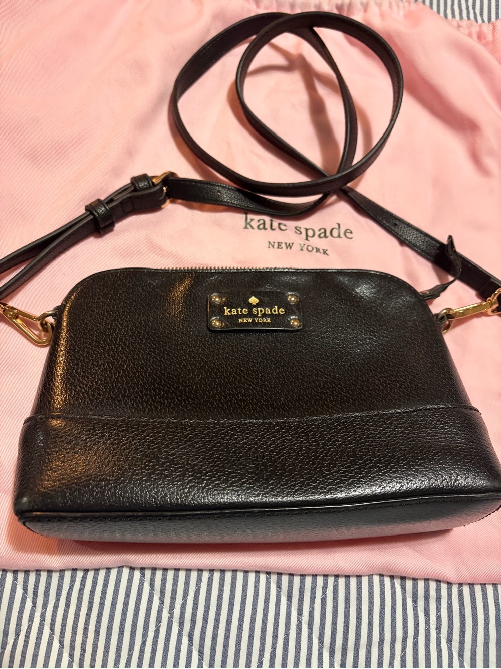 kate spade Black Pebbled Leather Crossbody Bag, hot pink inside lining
